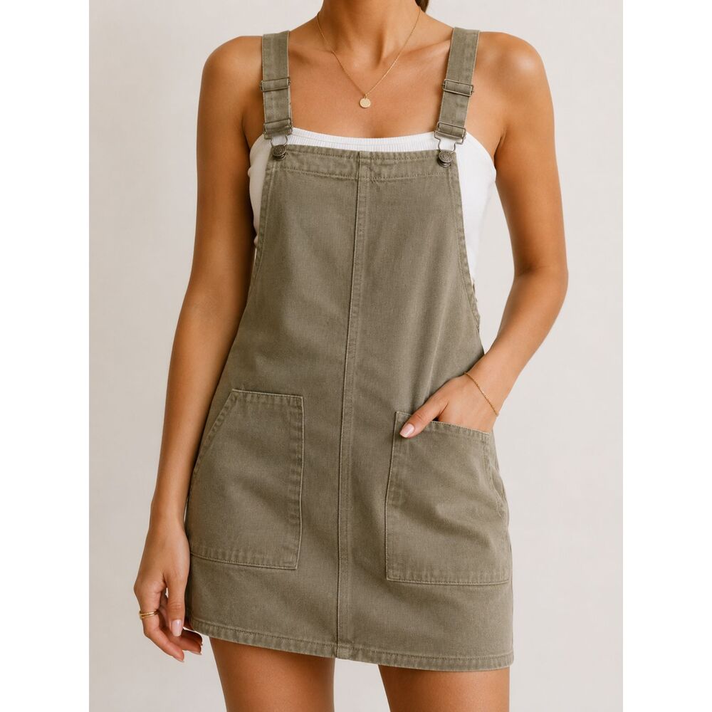 Sadie & Sage Olive Green Overall Mini Dress Pinafore Jumper Medium Utility